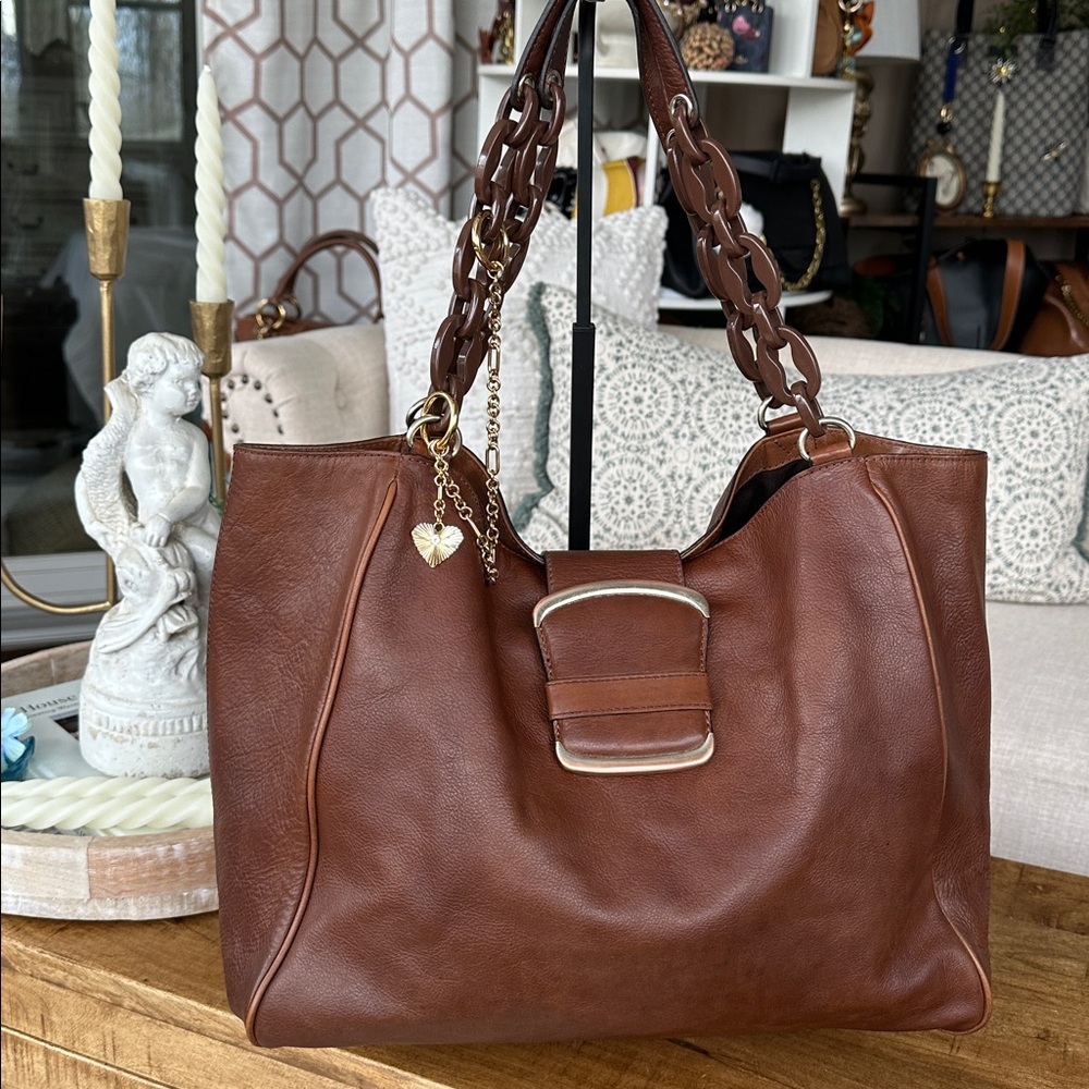 Vintage Banana Republic Jumbo Brown Leather Buckle & Chain Hobo Bag - Picture 4 of 15